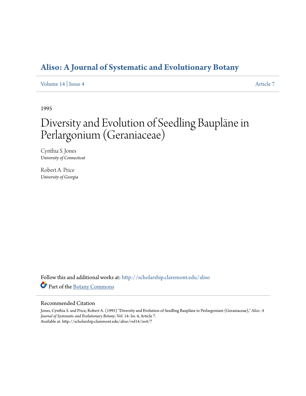 Diversity and Evolution of Seedling Baupläne in Perlargonium (Geraniaceae) Cynthia S