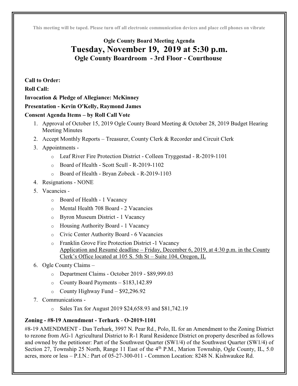 Tuesday, November 19, 2019 at 5:30 P.M. Ogle County Boardroom - 3Rd Floor - Courthouse