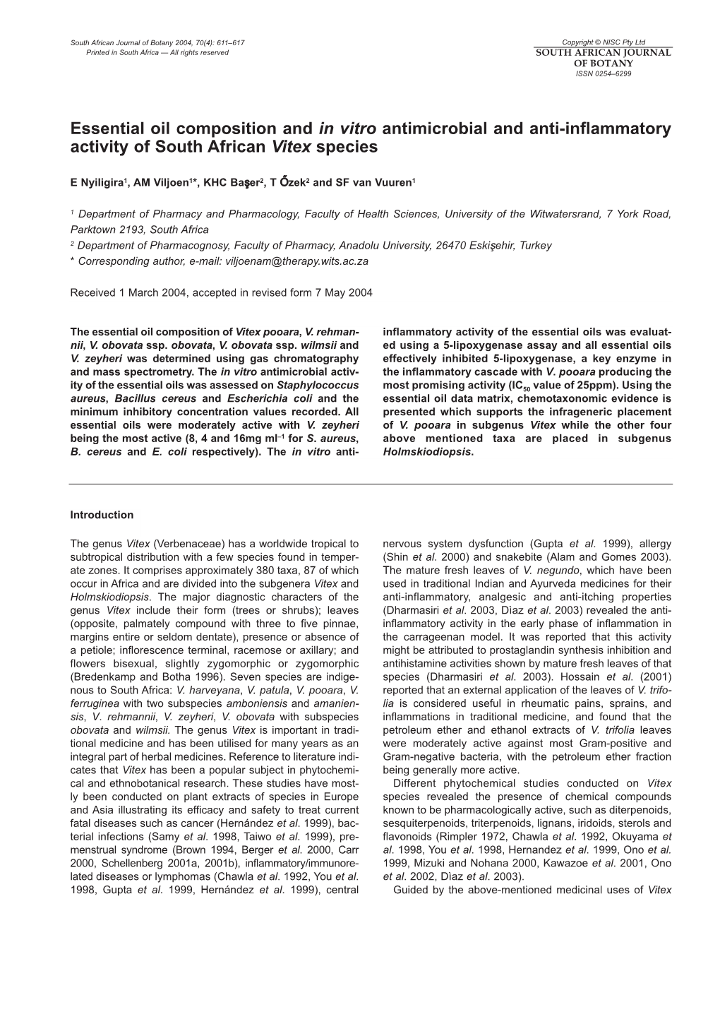 Essential Oil Composition and in Vitro Antimicrobial and Anti-Inflammatory Activity of South African Vitex Species