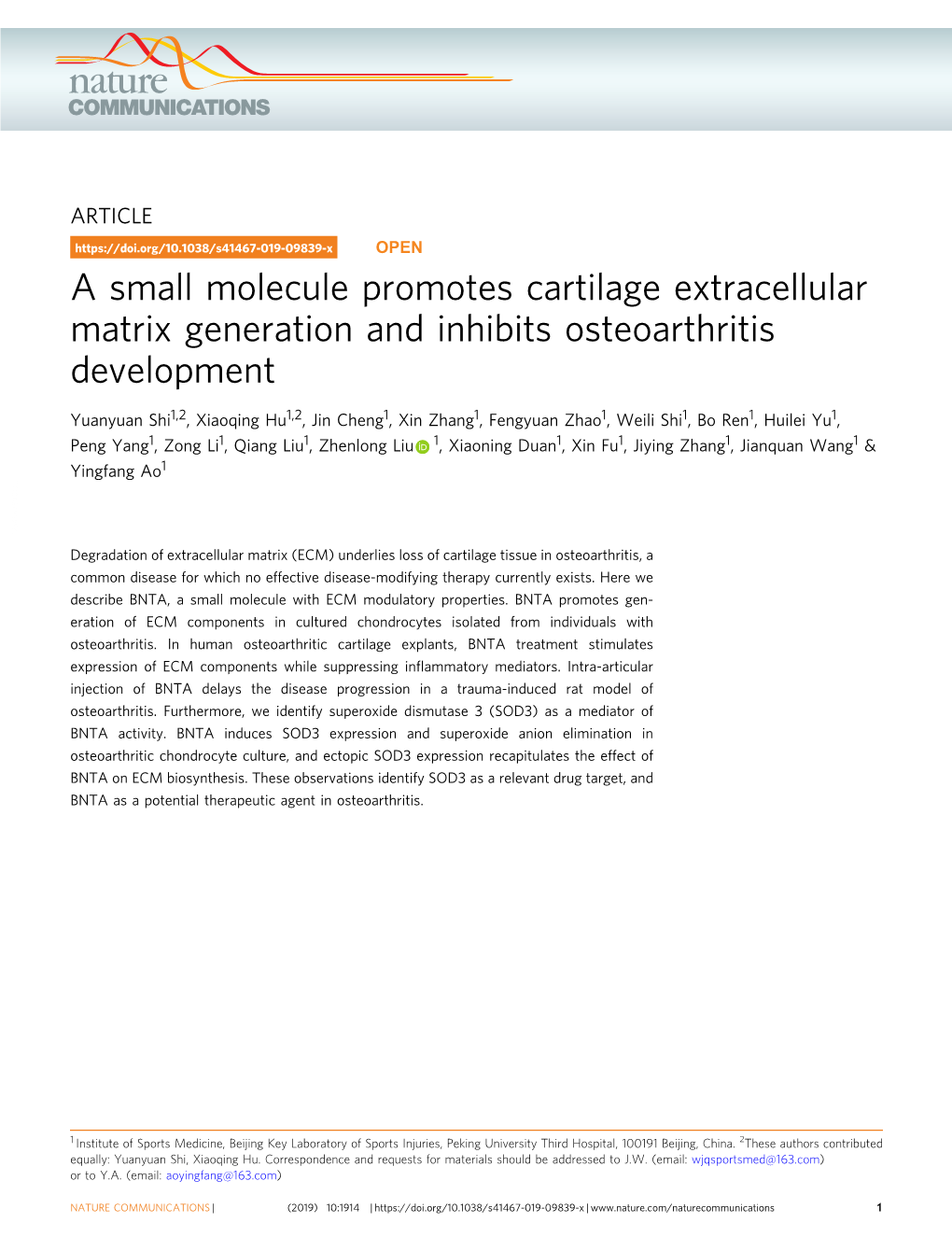 A Small Molecule Promotes Cartilage Extracellular Matrix Generation and Inhibits Osteoarthritis Development