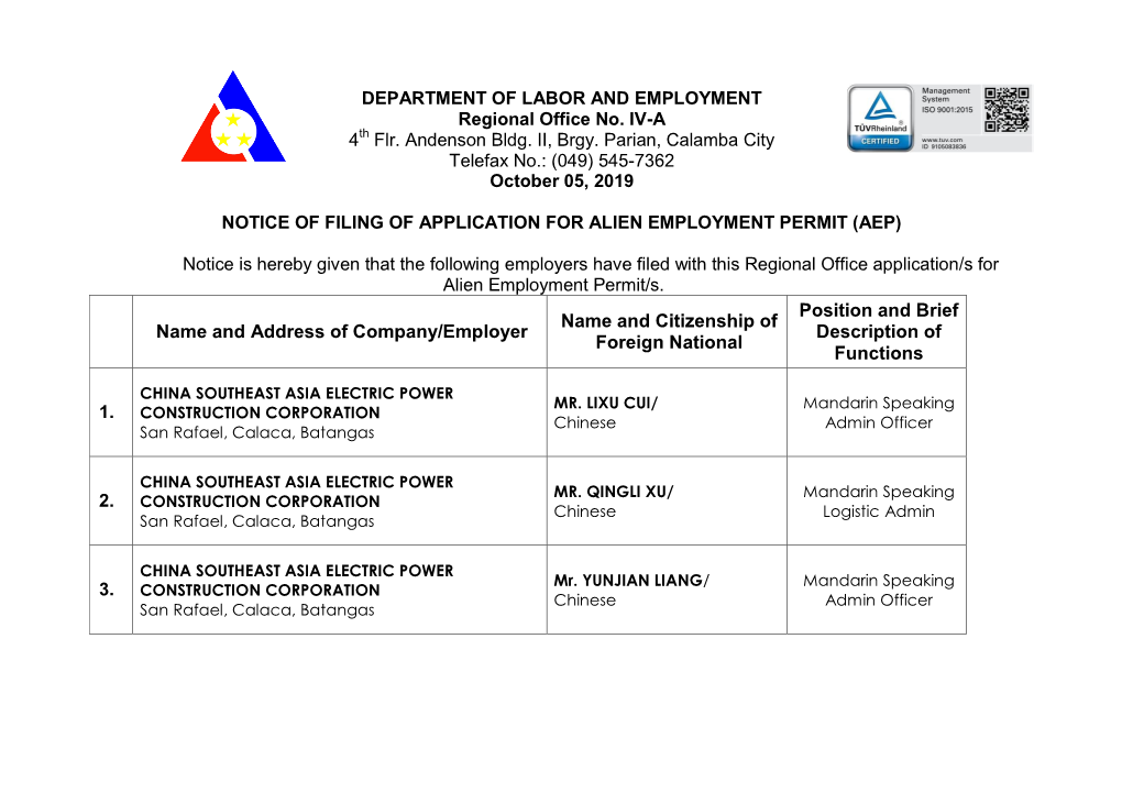 Name and Address of Company/Employer Name And