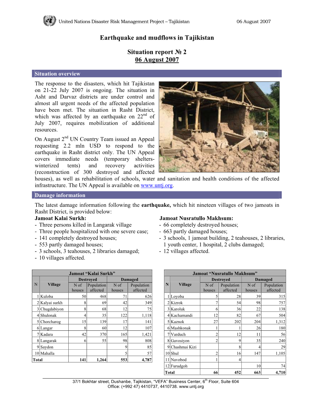 Earthquake and Mudflows in Tajikistan Situation Report № 2 06 August 2007