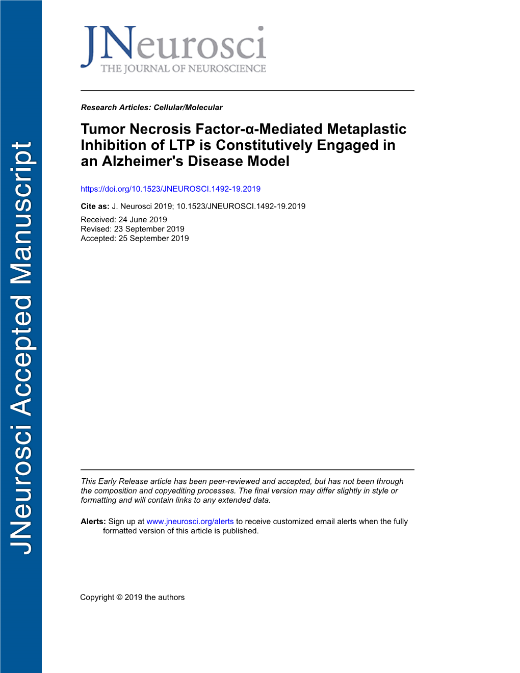 Tumor Necrosis Factor-Α-Mediated Metaplastic Inhibition of LTP Is Constitutively Engaged in an Alzheimer's Disease Model