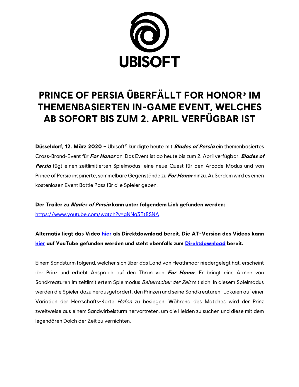 Prince of Persia Überfällt for Honor® Im Themenbasierten In-Game Event, Welches Ab Sofort Bis Zum 2