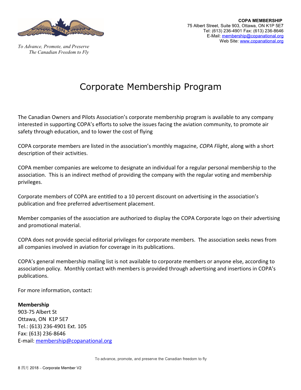 The Canadian Owners and Pilots Association S Corporate Membership Program Is Available