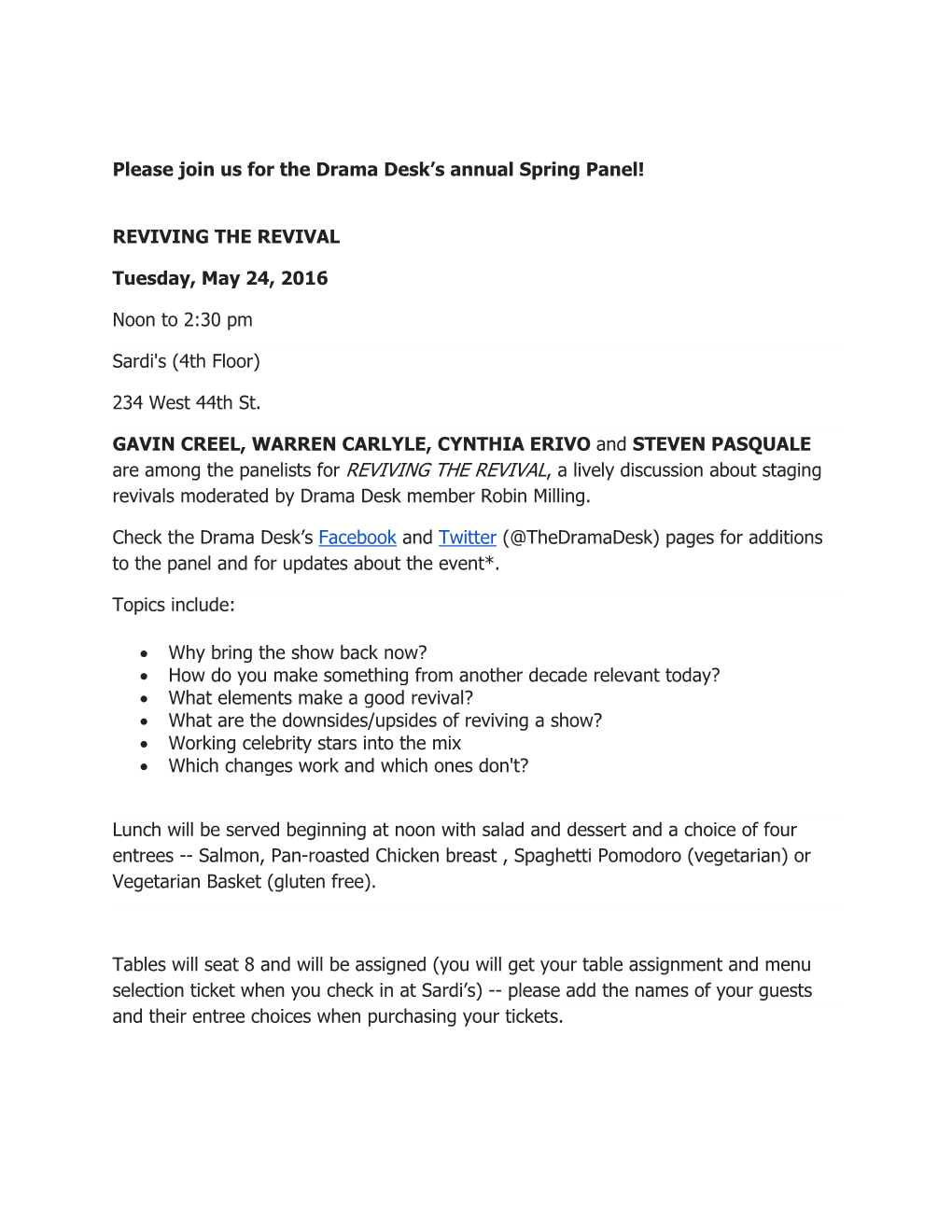 Please Join Us for the Drama Desk's Annual Spring Panel! REVIVING