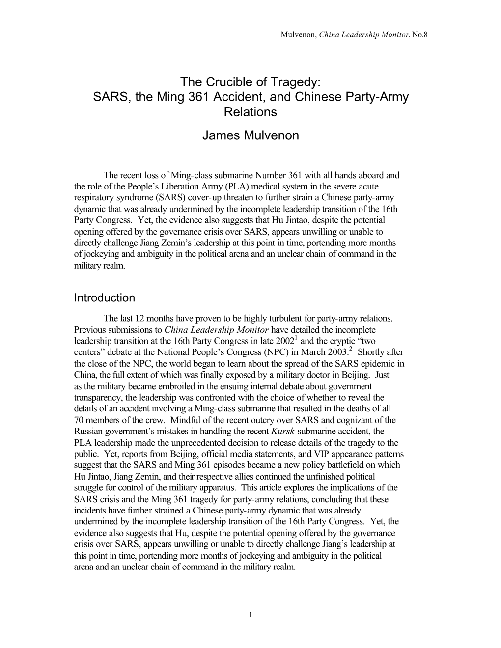 SARS, the Ming 361 Accident, and Chinese Party-Army Relations
