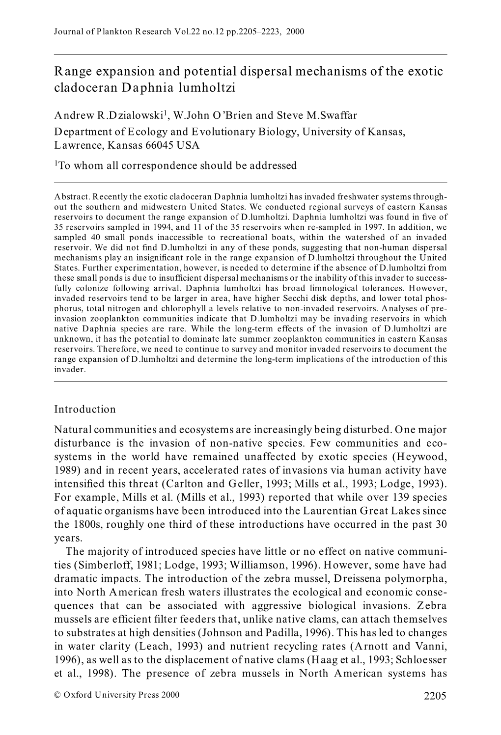 Dzialowski Et Al 2000 Daphnia Lumholtzi.Pdf