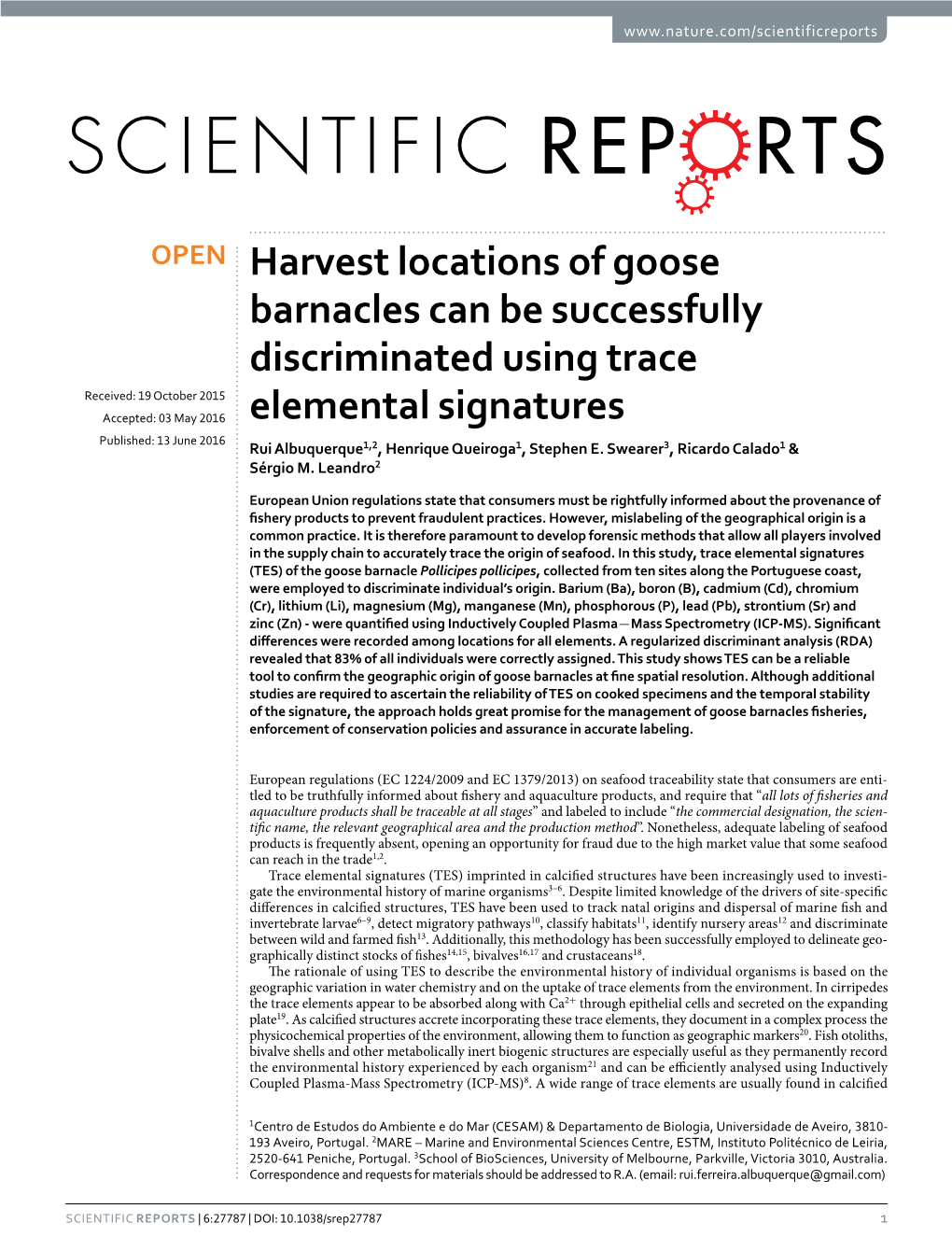 Harvest Locations of Goose Barnacles Can Be Successfully Discriminated