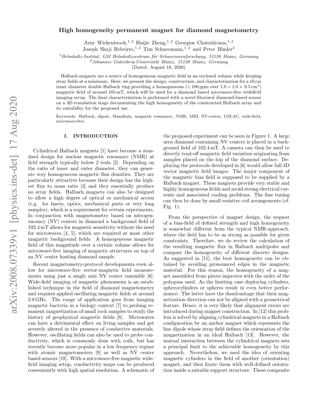 High Homogeneity Permanent Magnet for Diamond Magnetometry