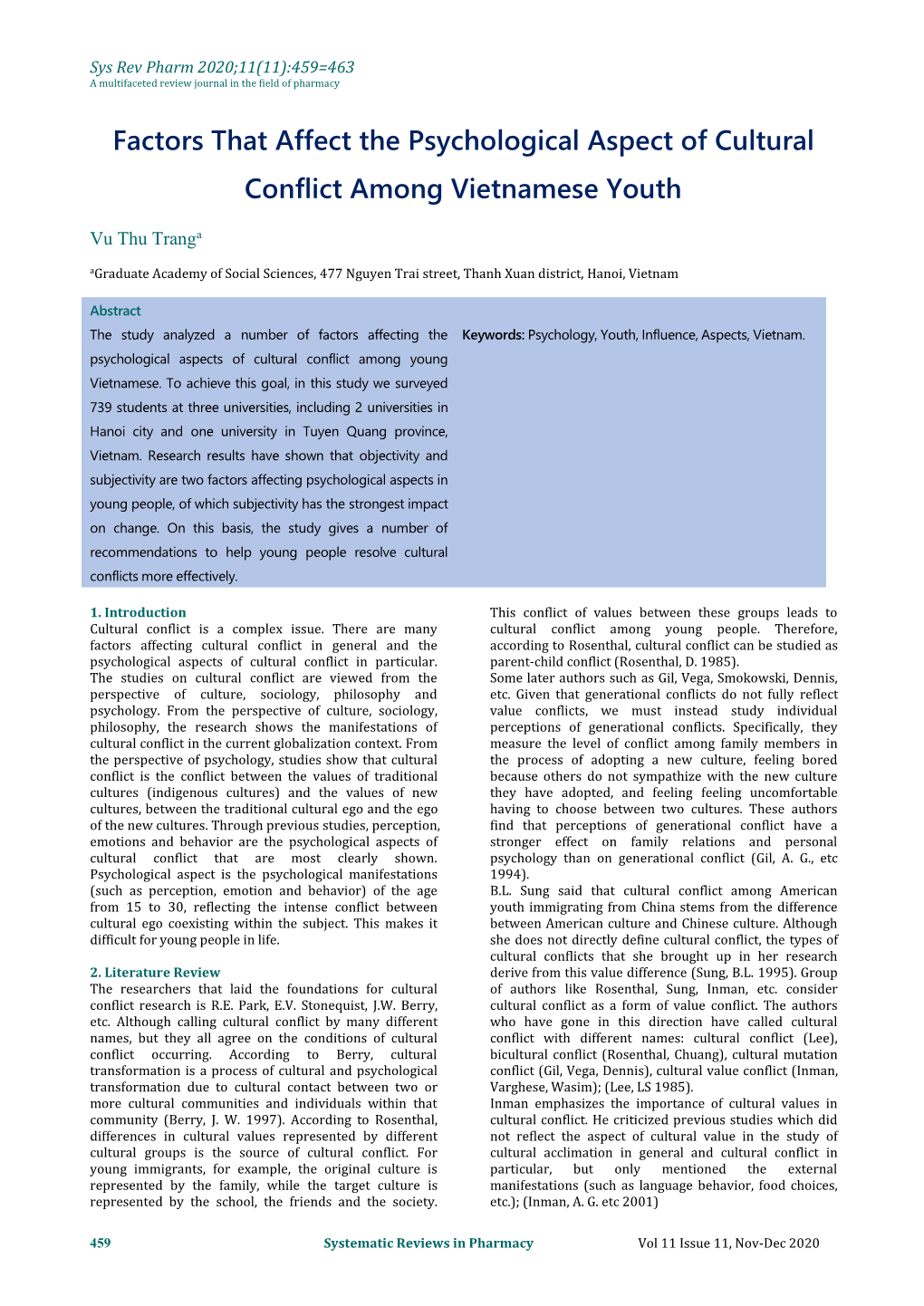 Factors That Affect the Psychological Aspect of Cultural Conflict Among Vietnamese Youth