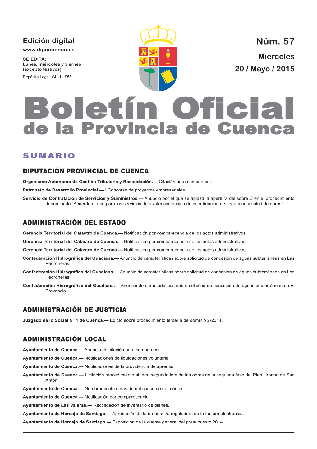 Boletín Oficial De La Provincia De Cuenca Sumario Diputación Provincial De Cuenca