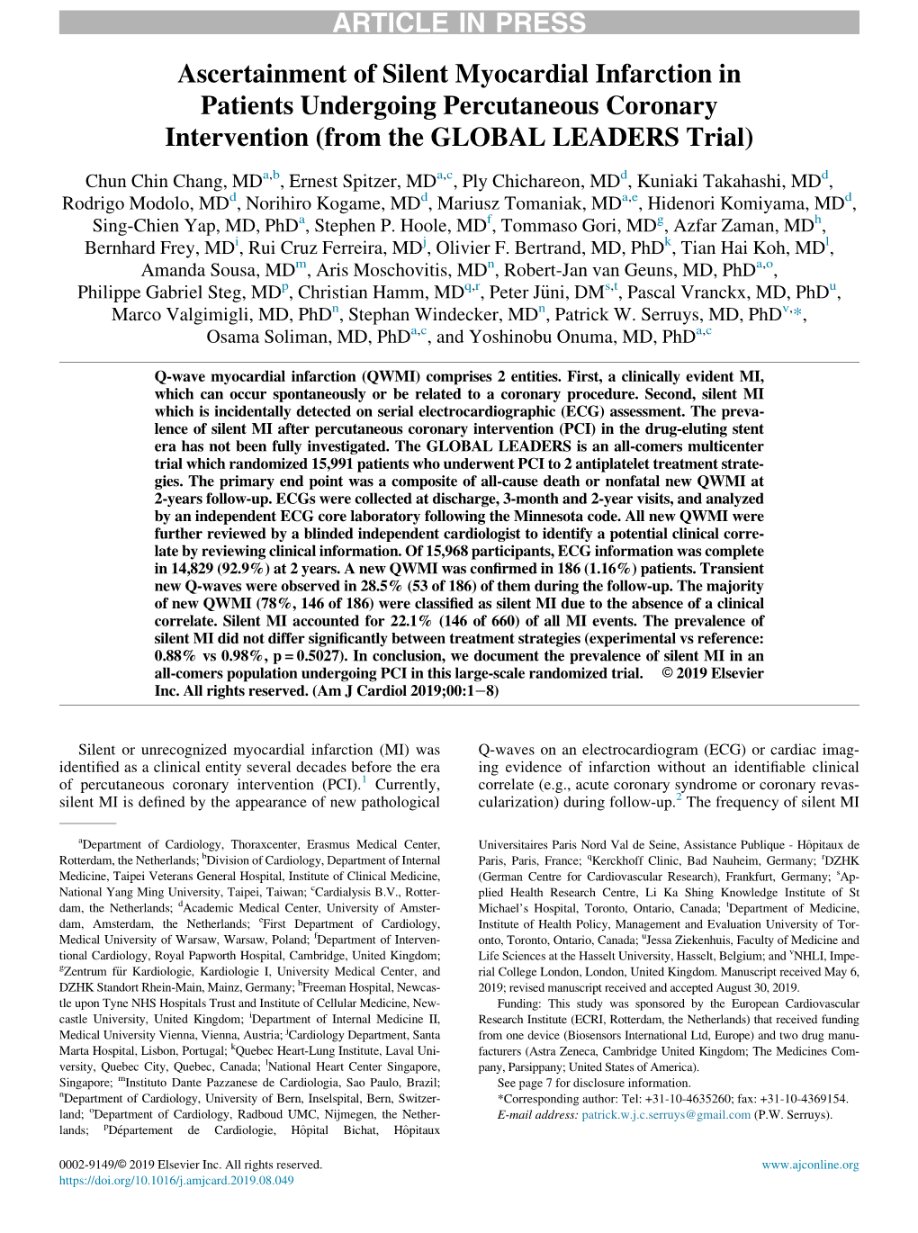 Ascertainment of Silent Myocardial Infarction in Patients Undergoing Percutaneous Coronary Intervention (From the GLOBAL LEADERS Trial)