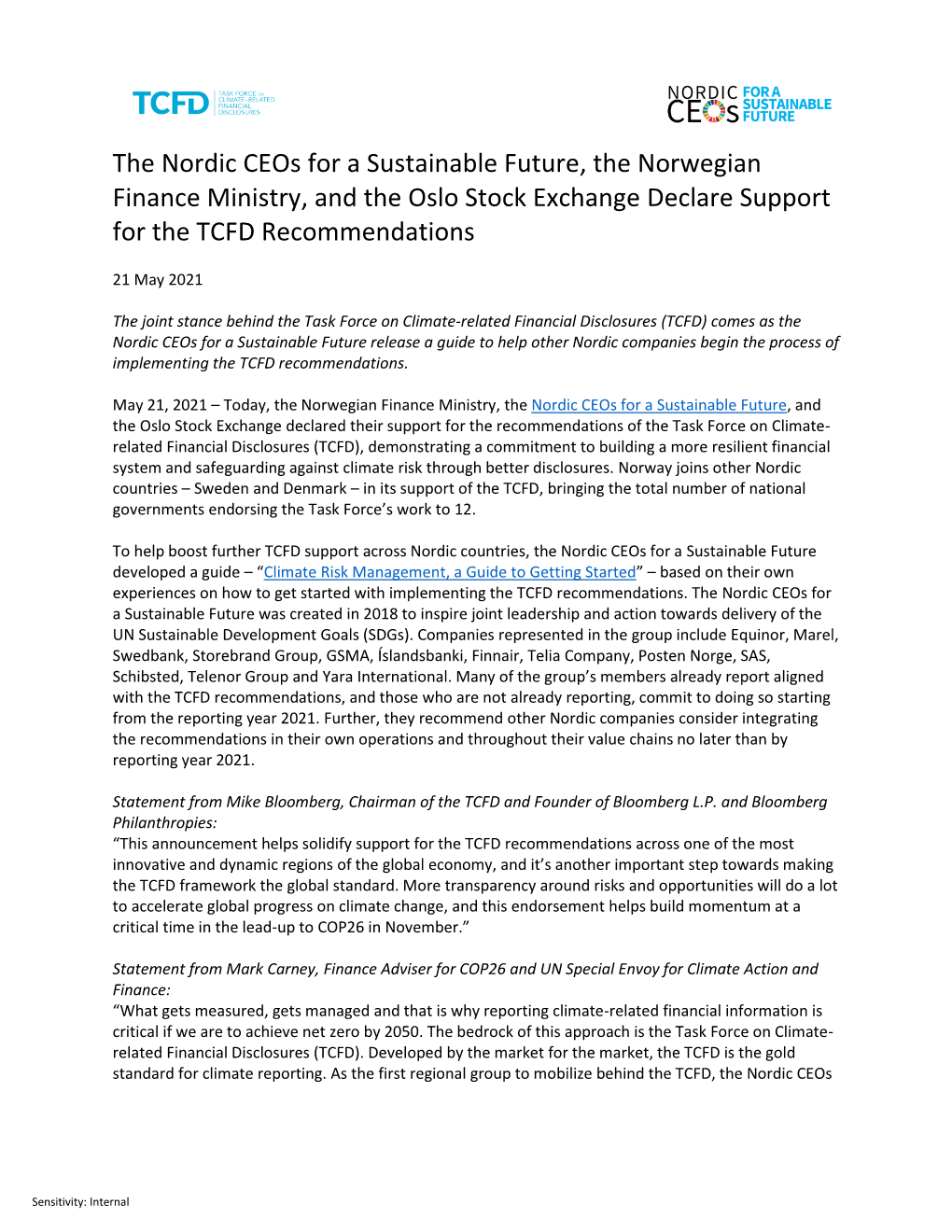 The Nordic Ceos for a Sustainable Future, the Norwegian Finance Ministry, and the Oslo Stock Exchange Declare Support for the TCFD Recommendations