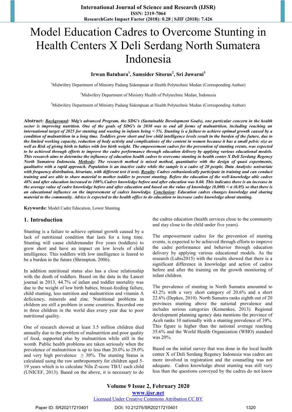 Model Education Cadres to Overcome Stunting in Health Centers X Deli Serdang North Sumatera Indonesia