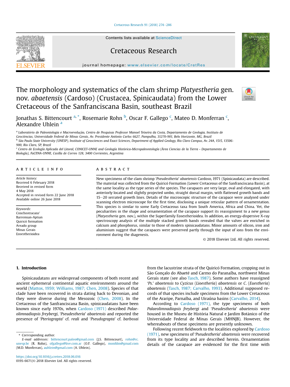 The Morphology and Systematics of the Clam Shrimp Platyestheria Gen