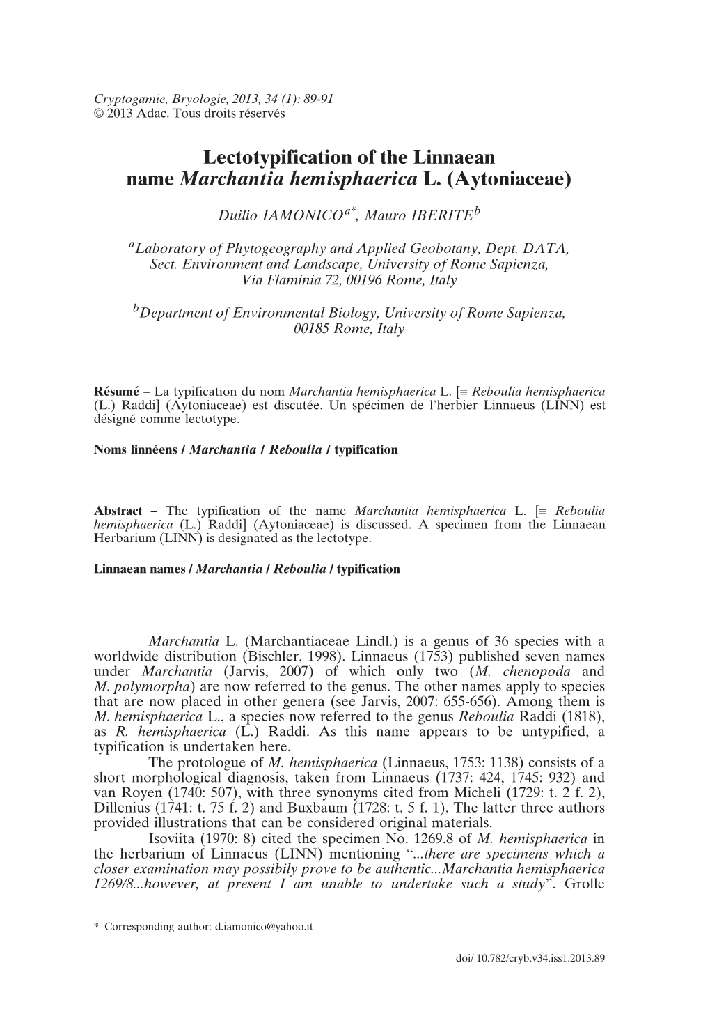 Lectotypification of the Linnaean Name Marchantia Hemisphaerica L