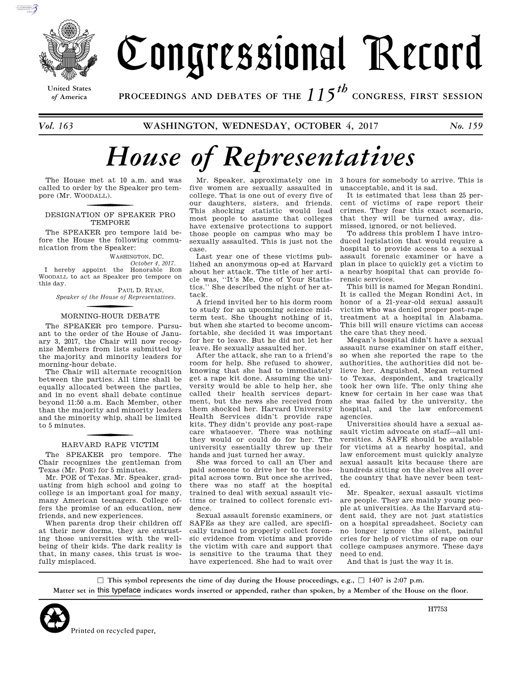 Congressional Record United States Th of America PROCEEDINGS and DEBATES of the 115 CONGRESS, FIRST SESSION