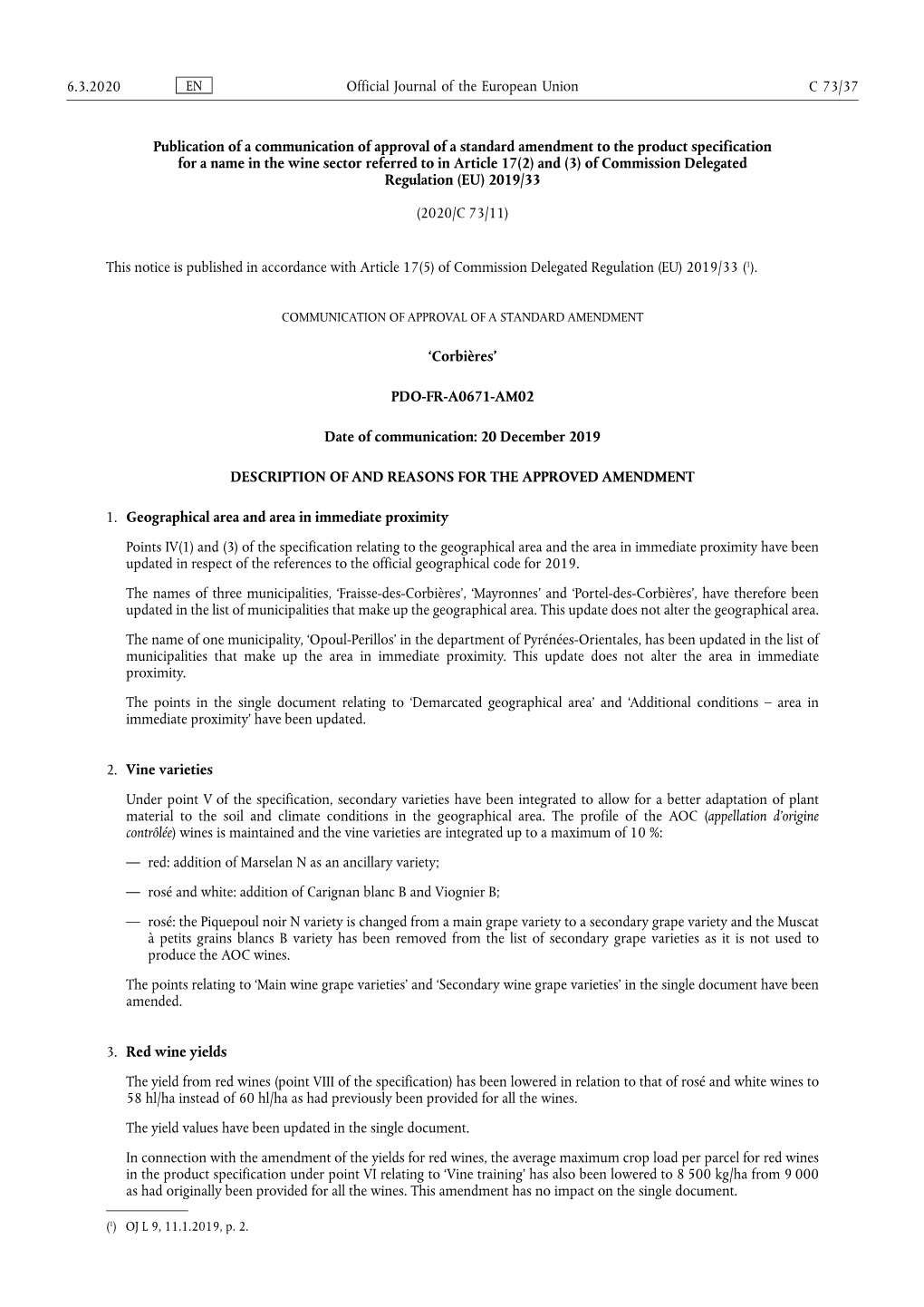 Publication of a Communication of Approval of a Standard Amendment