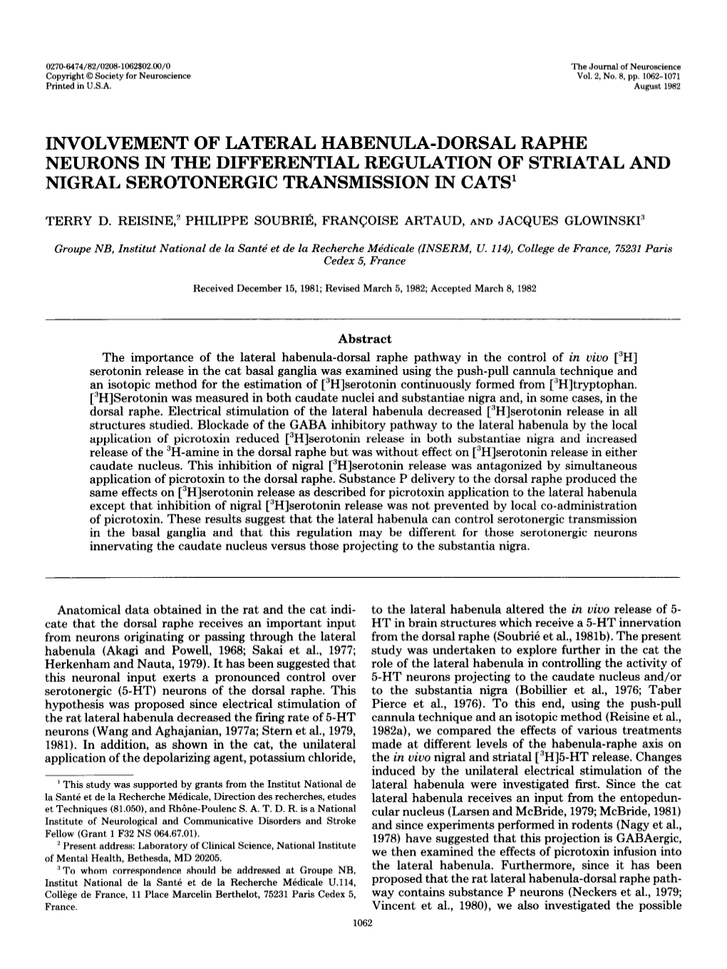 Involvement of Lateral Habenula-Dorsal Raphe Neurons in the Differential Regulation of Striatal and Nigral Serotonergic Transmission in Cats’