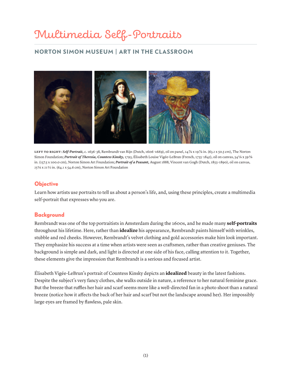 Multimedia Self-Portraits Norton Simon Museum | Art in the Classroom