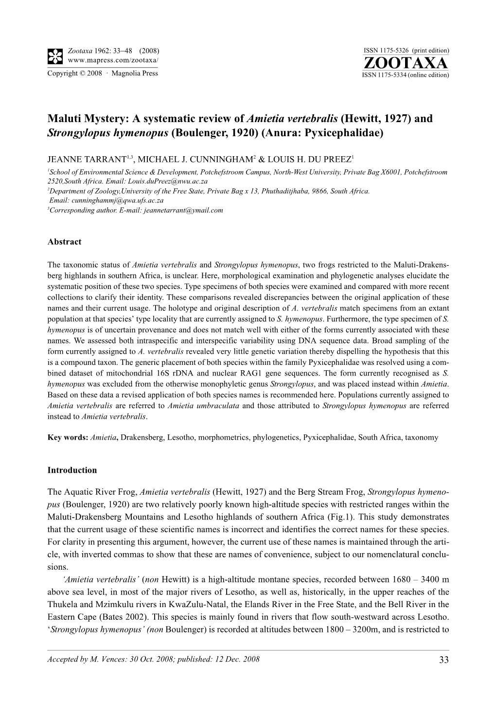 Zootaxa, Maluti Mystery: a Systematic Review of Amietia Vertebralis (Hewitt, 1927) And