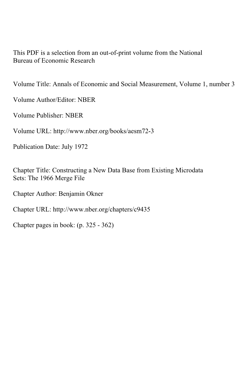 Constructing a New Data Base from Existing Microdata Sets: the 1966 Merge File