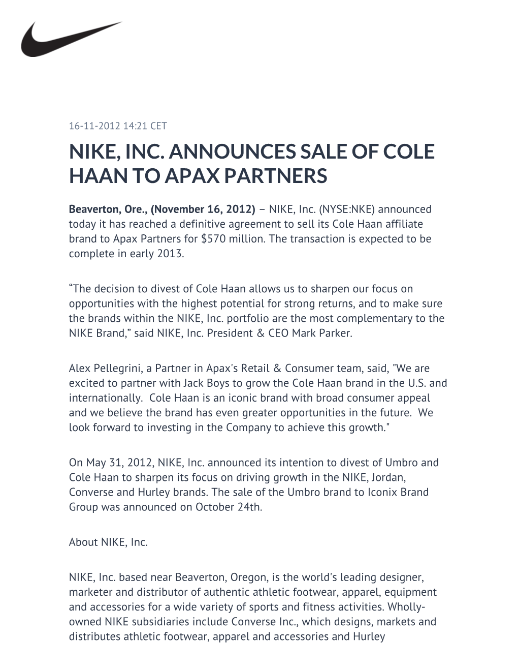 Nike, Inc. Announces Sale of Cole Haan to Apax Partners