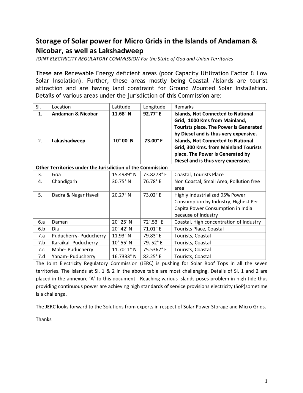 Storage of Solar Power for Micro Grids in the Islands of Andaman