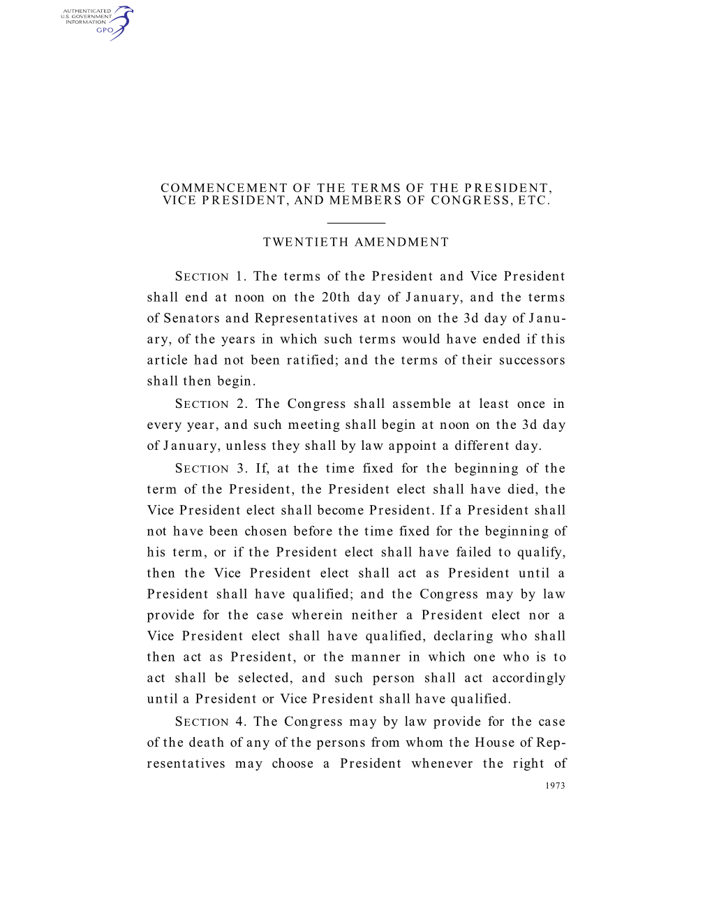 20Th Amendment US Constitution--Commencement of the Terms of the President, Vice President, and Members of Congress, Etc