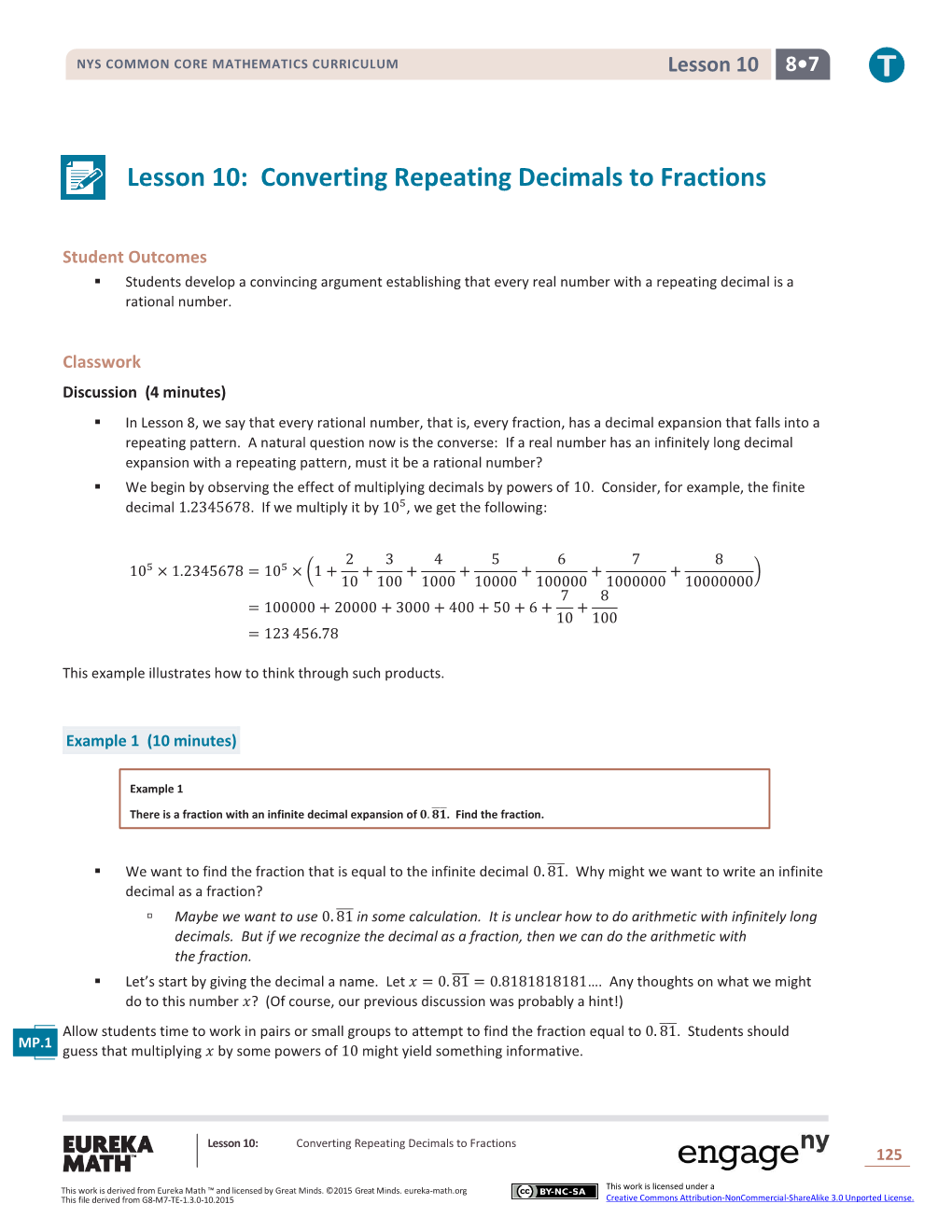 Lesson 10: Converting Repeating Decimals to Fractions