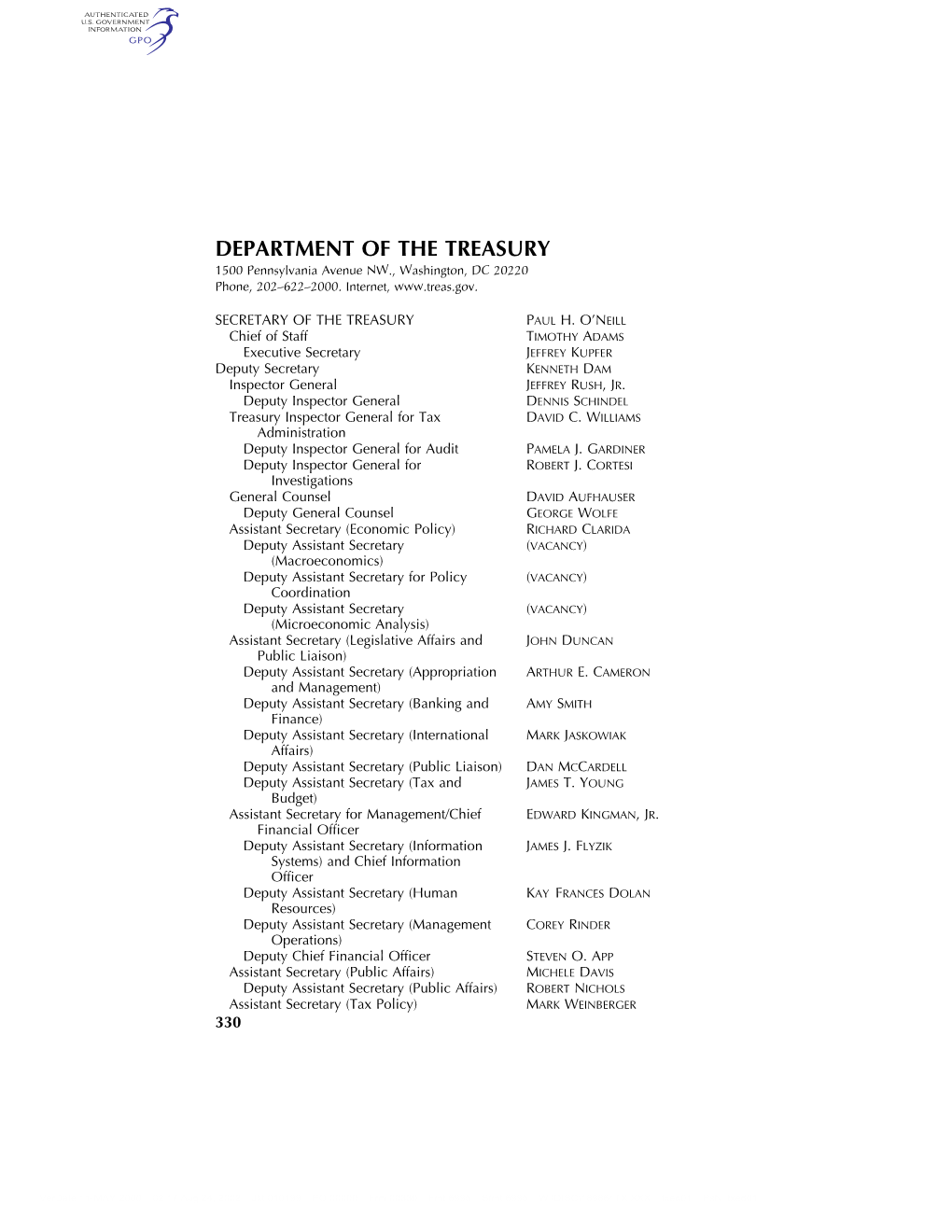 DEPARTMENT of the TREASURY 1500 Pennsylvania Avenue NW., Washington, DC 20220 Phone, 202–622–2000