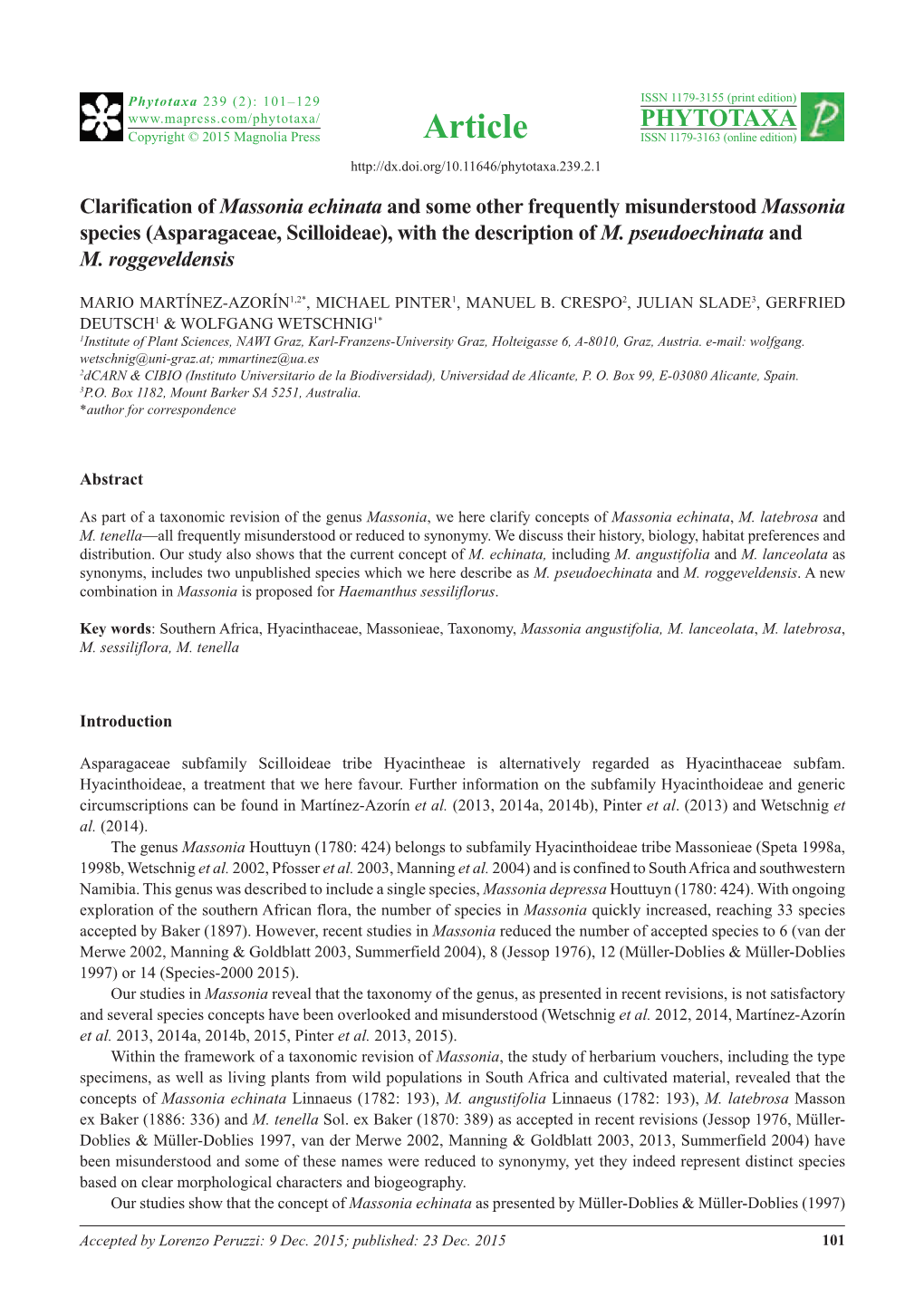 Clarification of Massonia Echinata and Some Other Frequently Misunderstood Massonia Species (Asparagaceae, Scilloideae), with the Description of M