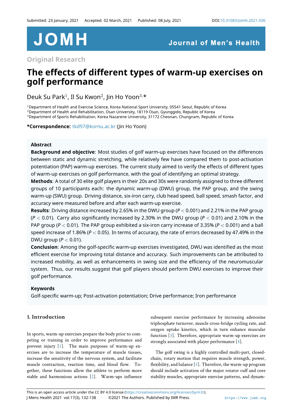 The Effects of Different Types of Warm-Up Exercises on Golf Performance