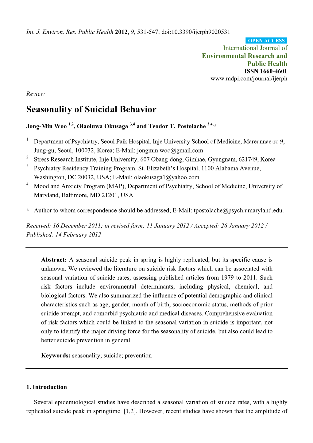 Seasonality of Suicidal Behavior