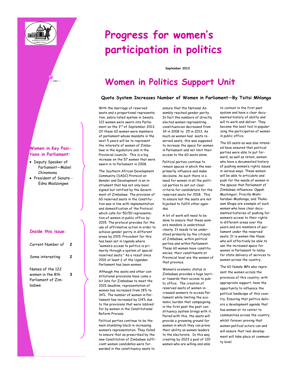 Progress for Women's Participation in Politics