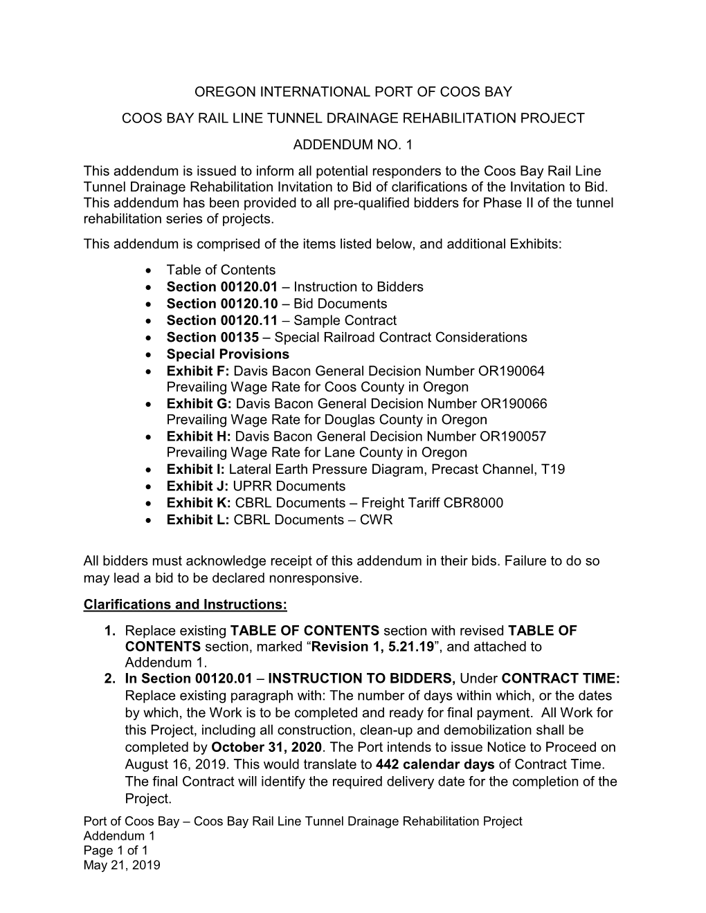 Oregon International Port of Coos Bay Coos Bay Rail Line Tunnel Drainage Rehabilitation Project Addendum No