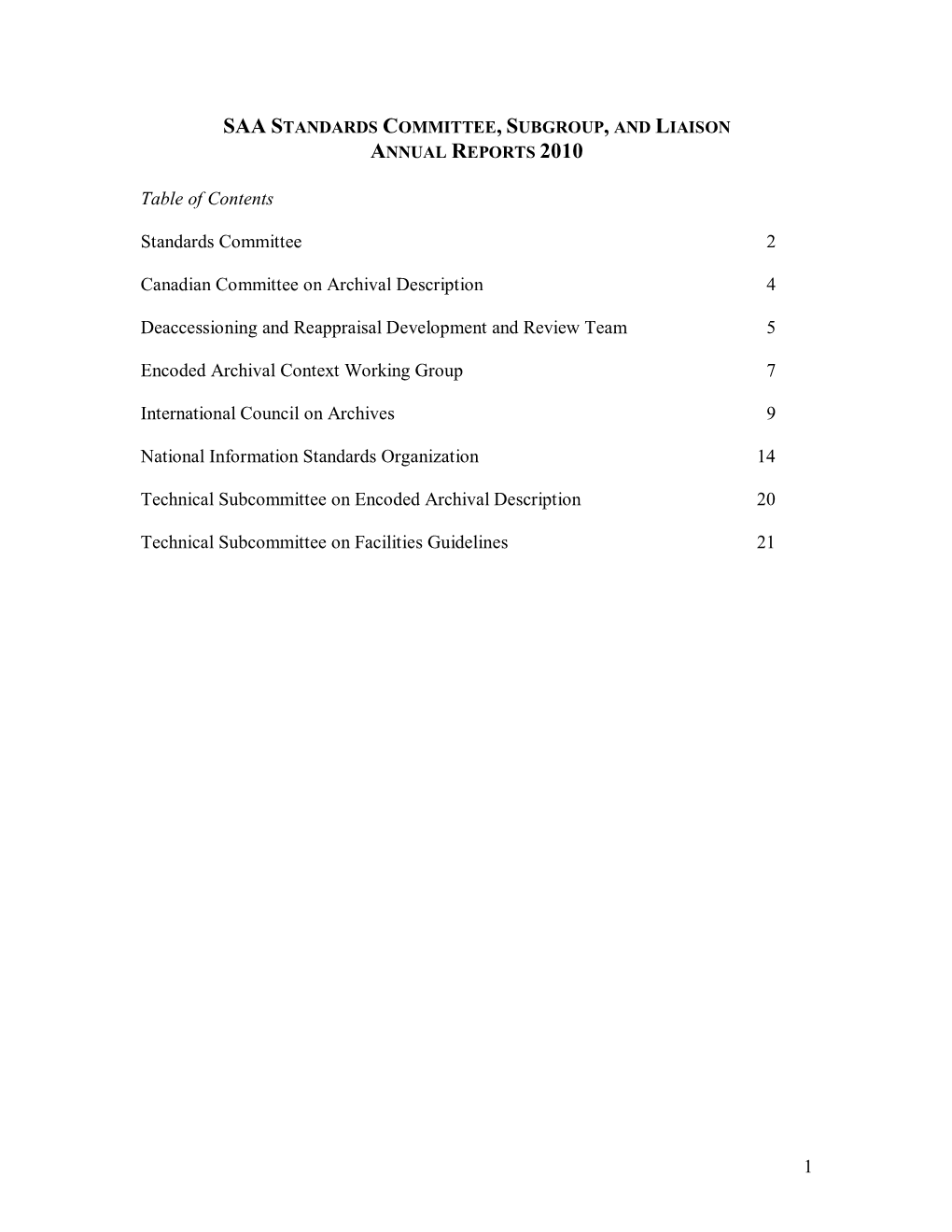 Saa Standards Committee, Subgroup, and Liaison Annual Reports 2010