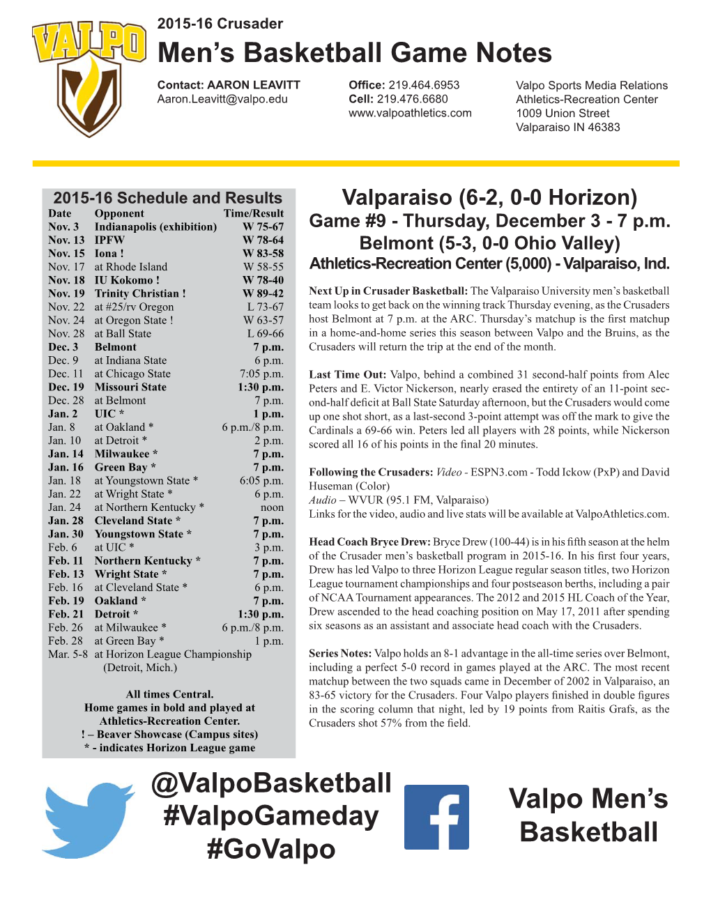 Men's Basketball Game Notes @Valpobasketball Valpo Men's