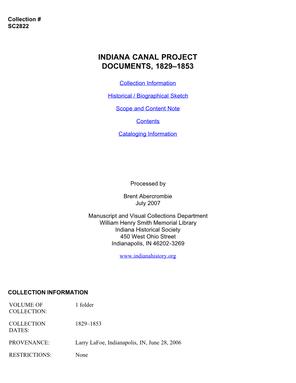 Indiana Canal Project Documents, 1829-1853