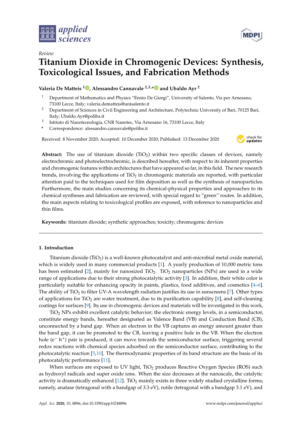 Titanium Dioxide in Chromogenic Devices: Synthesis, Toxicological Issues, and Fabrication Methods