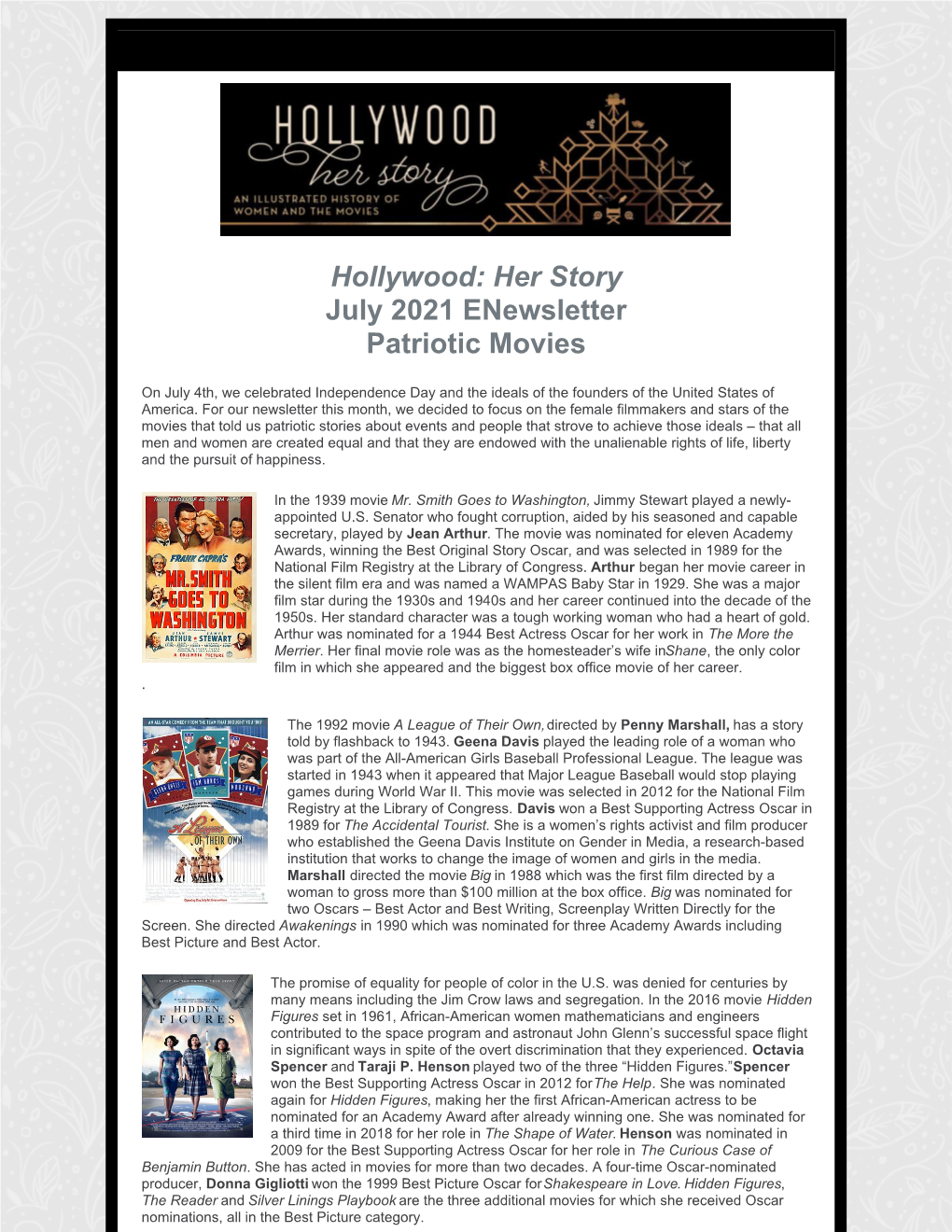 Hollywood: Her Story July 2021 Enewsletter Patriotic Movies