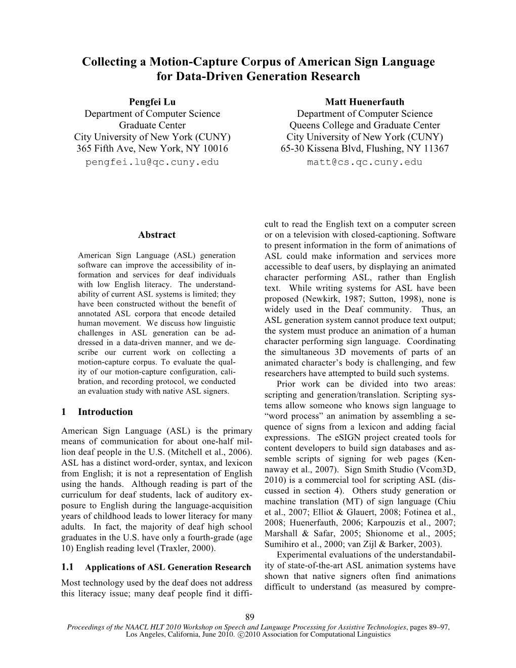 Collecting a Motion-Capture Corpus of American Sign Language for Data-Driven Generation Research