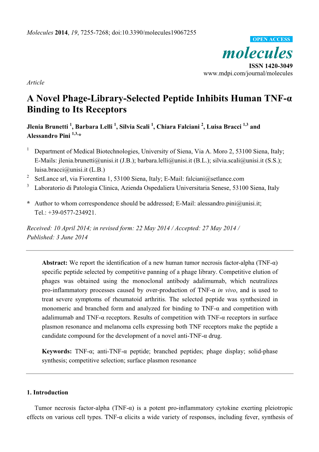 A Novel Phage-Library-Selected Peptide Inhibits Human TNF-Α Binding to Its Receptors