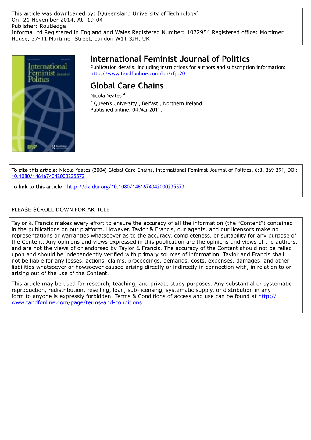 International Feminist Journal of Politics Global Care Chains