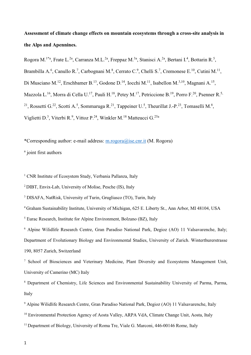 Assessment of Climate Change Effects on Mountain Ecosystems Through a Cross-Site Analysis in the Alps and Apennines