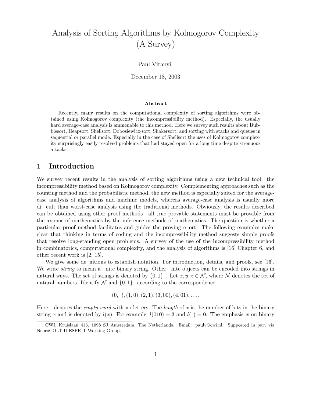 Analysis of Sorting Algorithms by Kolmogorov Complexity (A Survey)