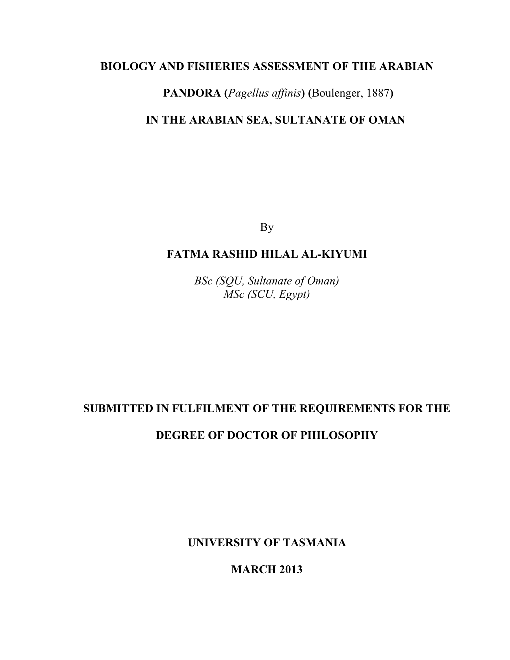 Biology and Fisheries Assessment of the Arabian Pandora (Pagellus Affinis)