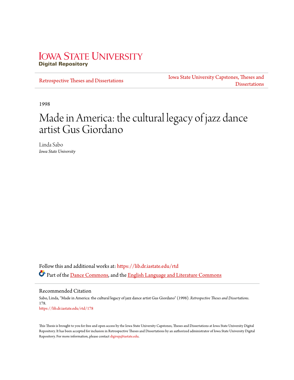 Made in America: the Cultural Legacy of Jazz Dance Artist Gus Giordano Linda Sabo Iowa State University