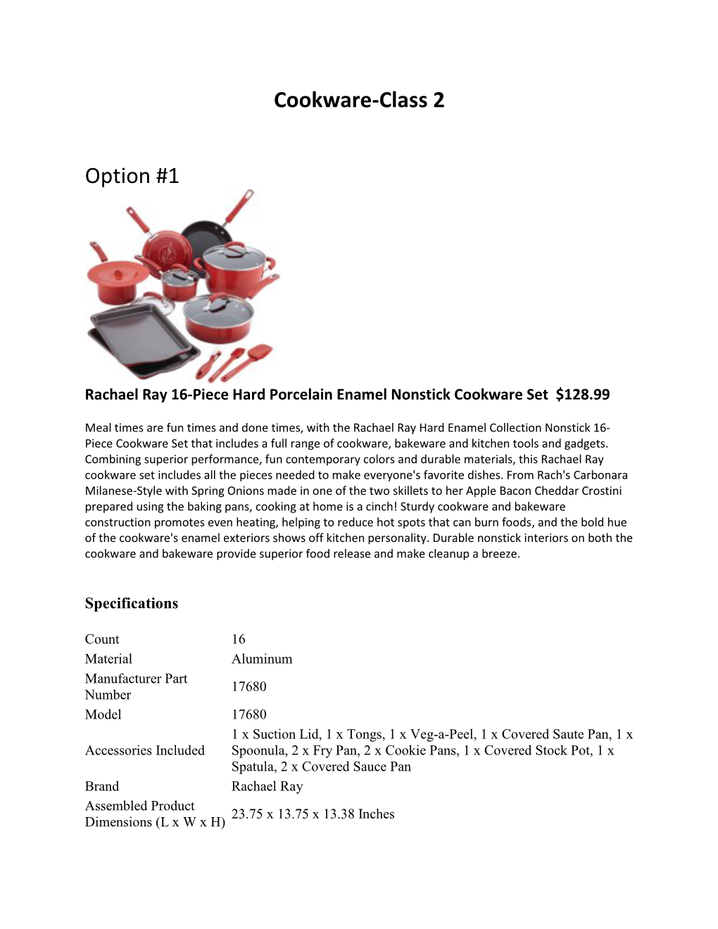 Cookware-Class 2 Option #1